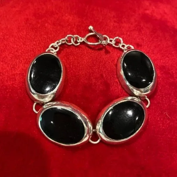 VTG 925 Silver Black Onyx Oval Stones Toggle BRACELET - Picture 3 of 7